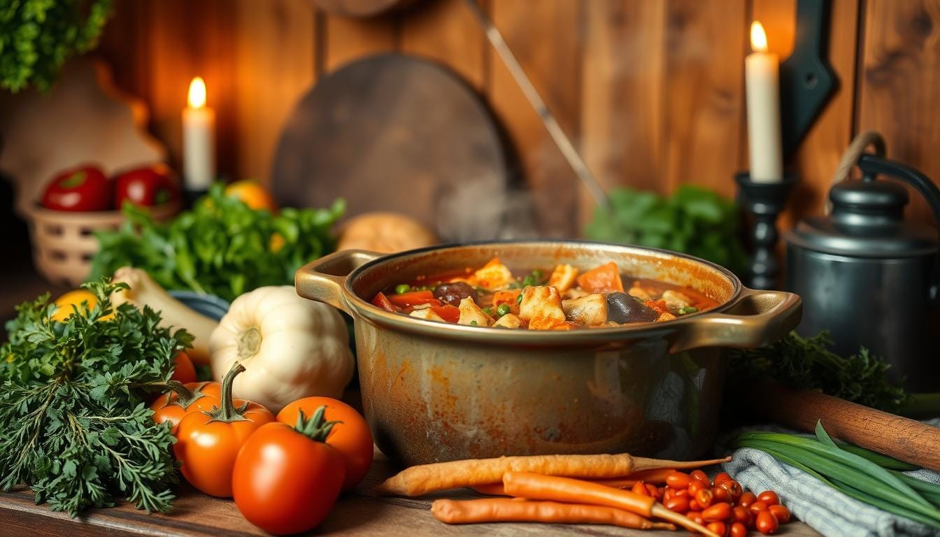 A close-up of a hearty stew prepared using classic Dutch oven recipes, featuring tender vegetables and succulent meat simmering to perfection in a cast-iron pot, ready to be savored.