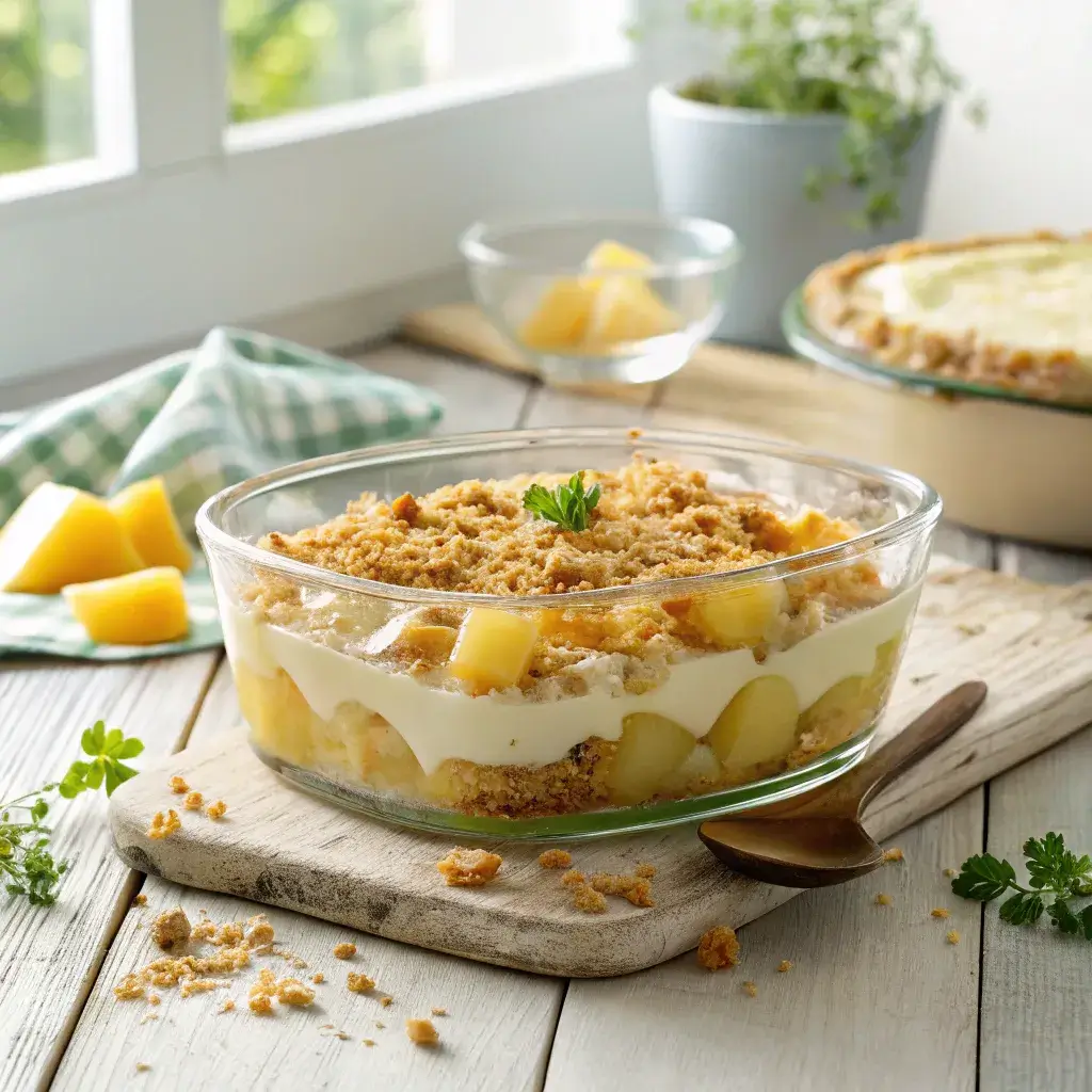 A casserole dish with melted cheese, golden crumbs, and pineapple chunks garnished with fresh herbs, sitting on a wooden table.