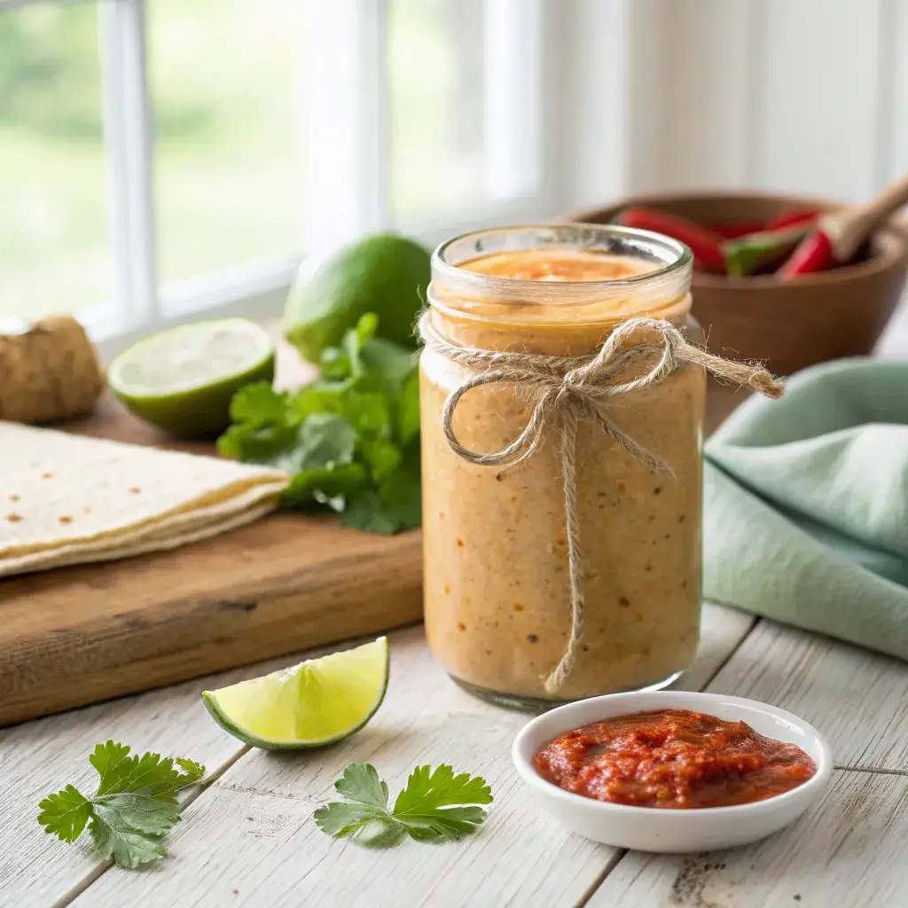 A glass jar of creamy breakfast burrito sauce tied with rustic twine, surrounded by fresh cilantro, lime, and chili powder.