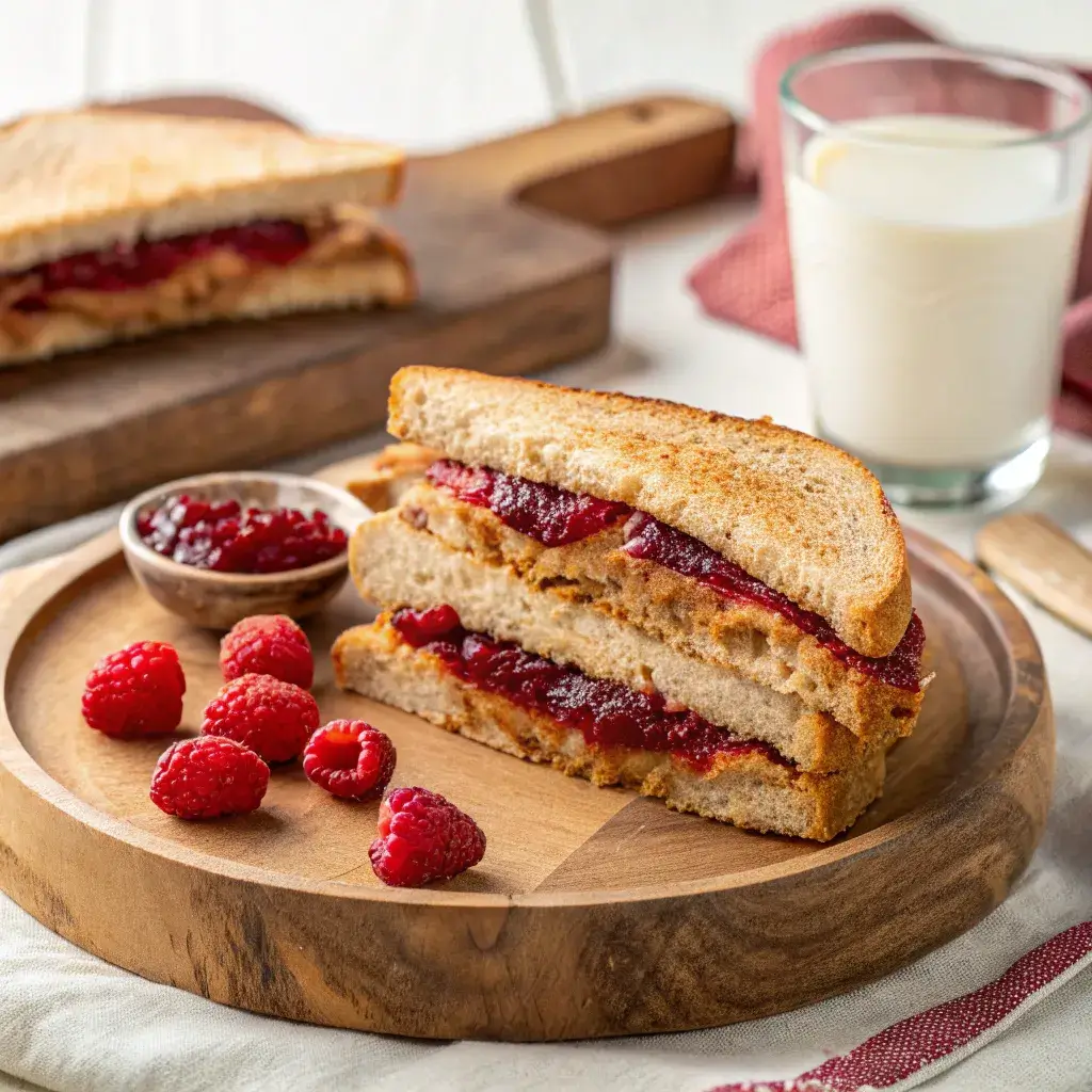 A peanut butter and jelly sandwich made with Dave’s Killer Bread, layered with organic peanut butter and raspberry jam, served with fresh raspberries and a glass of oat milk.