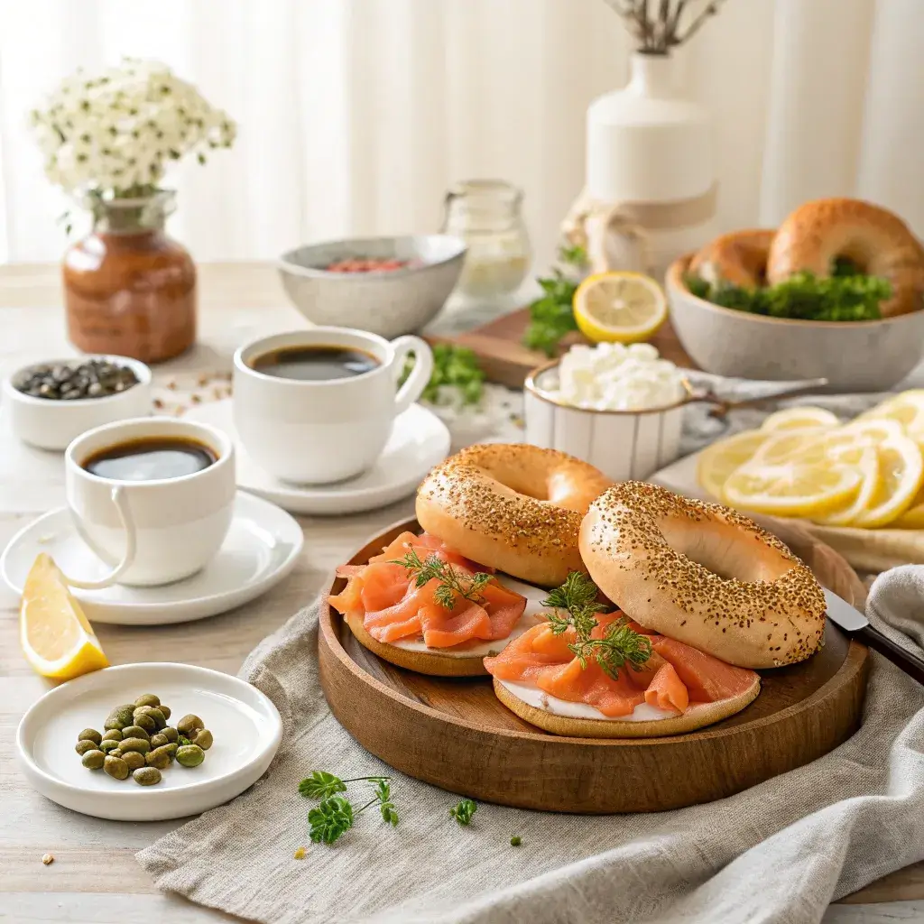 Featured lox bagel breakfast spread with cream cheese, capers, lox slices, and coffee in a cozy dining room.