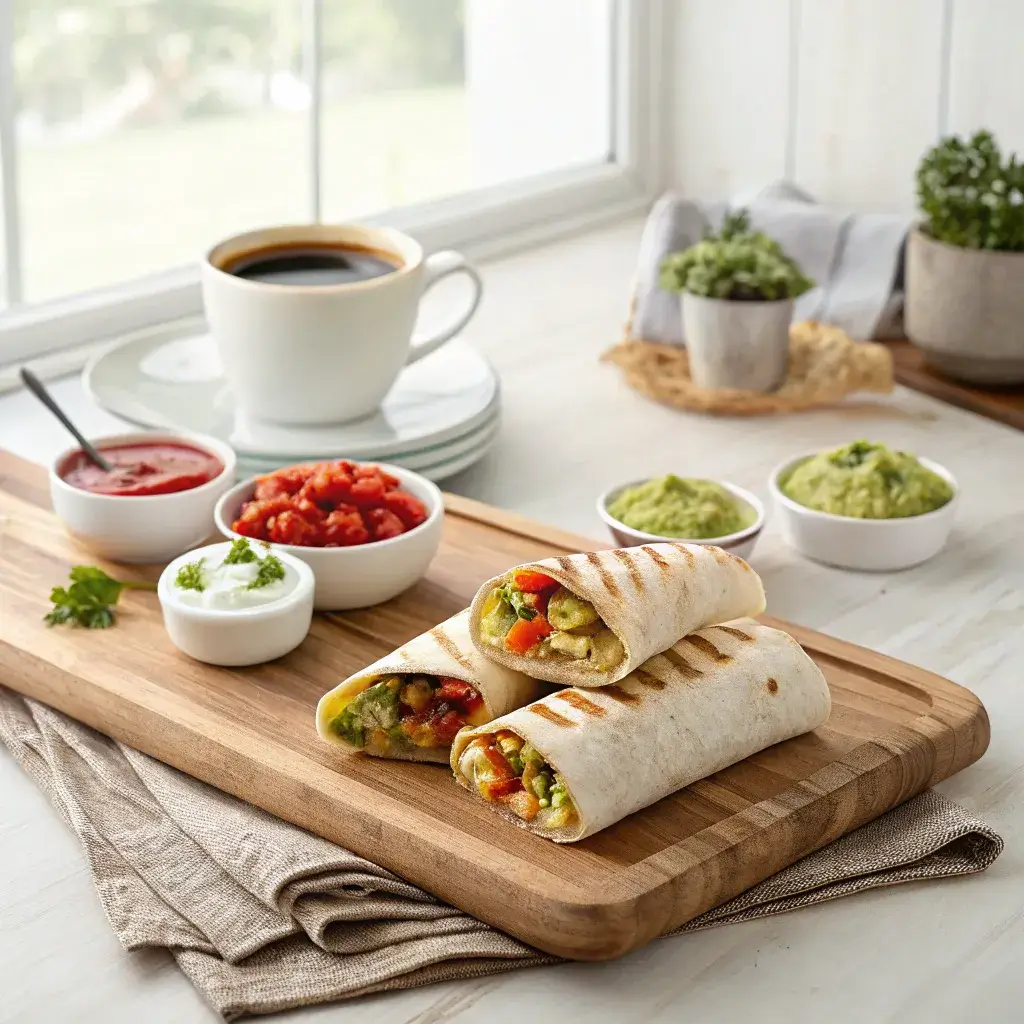 Featured image of Toasty’s Breakfast Burritos with salsa, sour cream, guacamole, and coffee in a cozy kitchen.