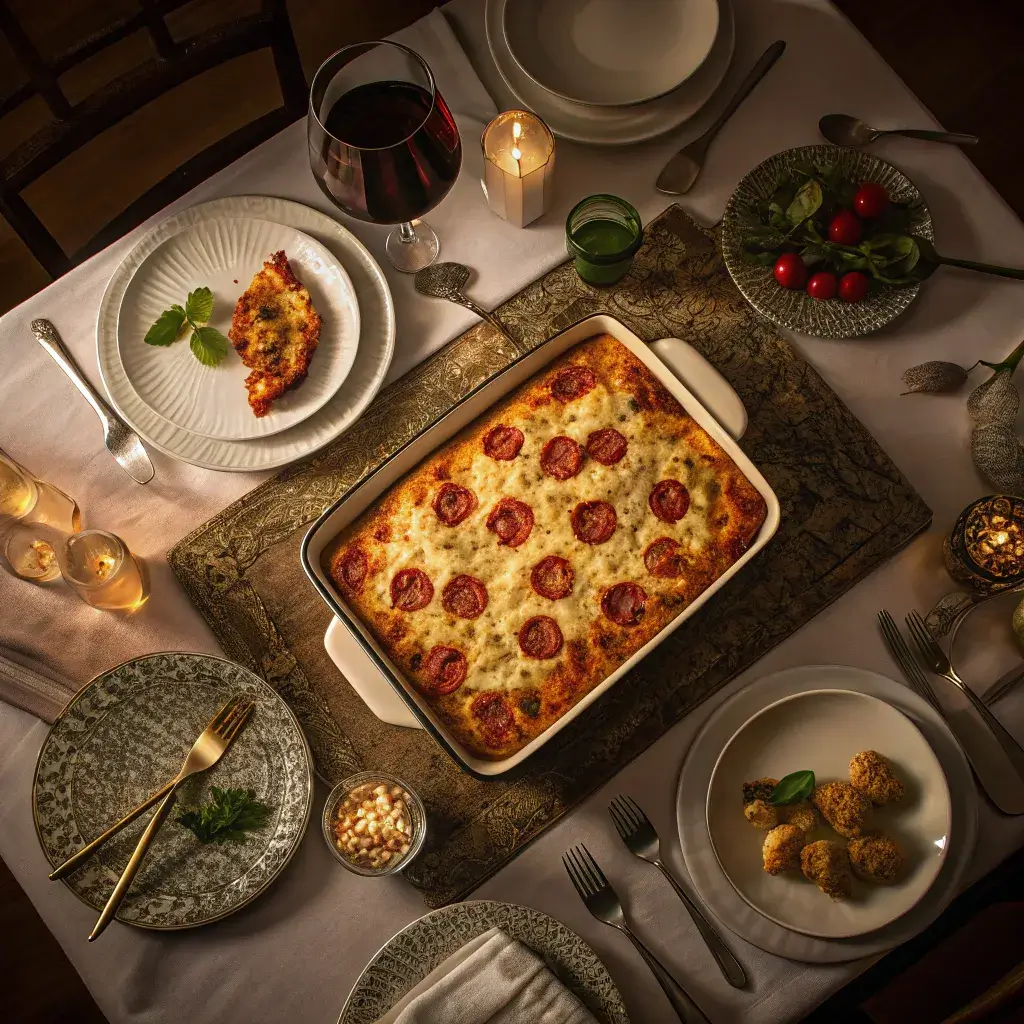 A family-style table setup featuring a large Totino’s Pizza casserole surrounded by plates and utensils.