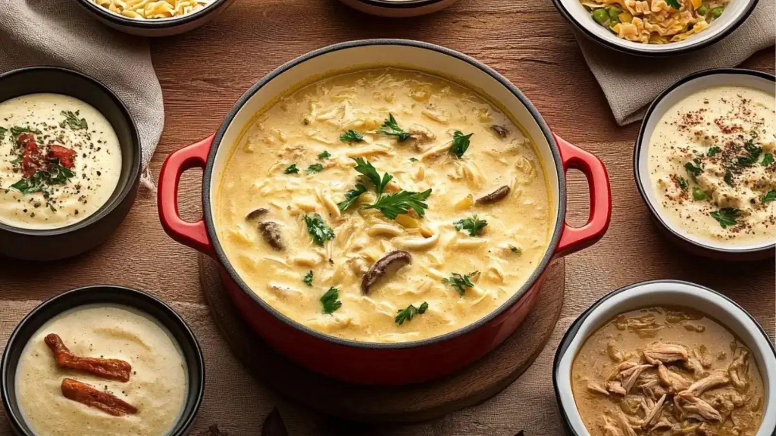 A collage of dishes made with campbells soup recipes, including chicken noodle soup, creamy casserole, beef stew, and minestrone soup.