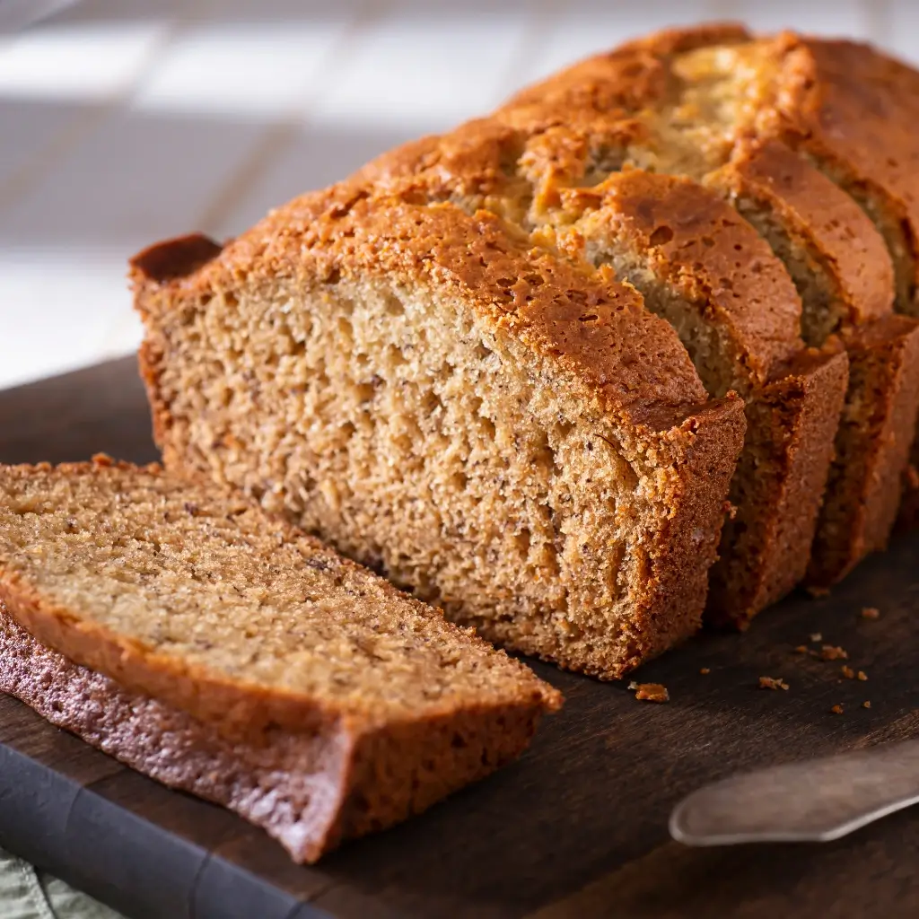 A loaf of banana bread topped with walnuts, placed on a wooden table with a warm, rustic ambiance.