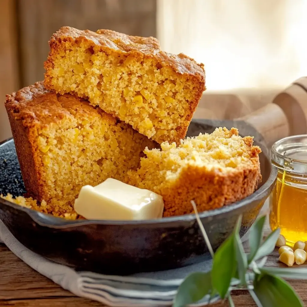 A whole Southern cornbread loaf with a golden crust in a cast-iron skillet, set in a rustic kitchen setting.