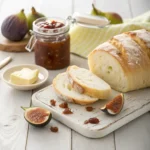 Sliced artisan Italian bread with an airy crumb, served with butter and fig jam on a rustic wooden table.