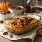 Mashed sweet potato casserole topped with roasted pecans and drizzled with maple syrup, baked in a glass dish.