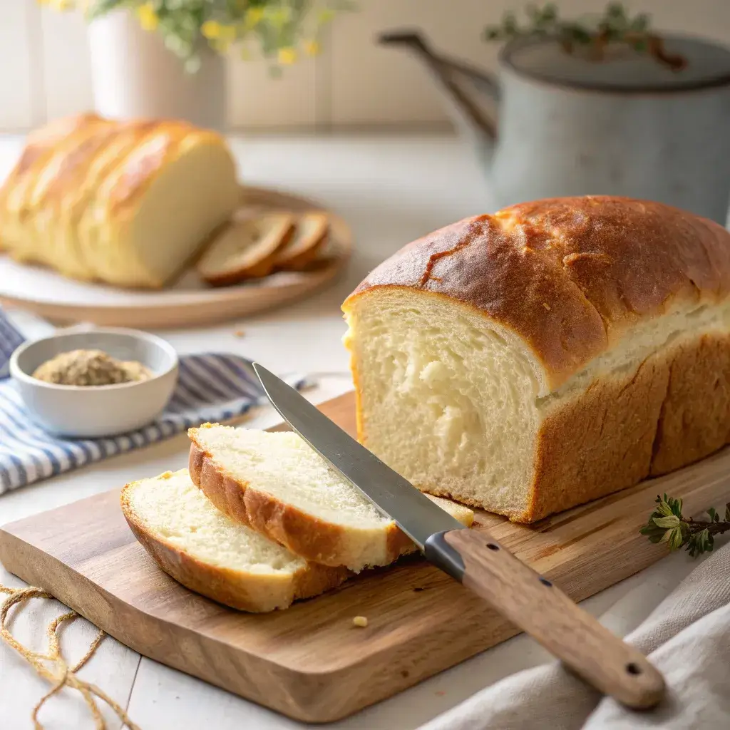 A loaf of Bimbo bread being sliced with a sharp knife in a cozy kitchen.