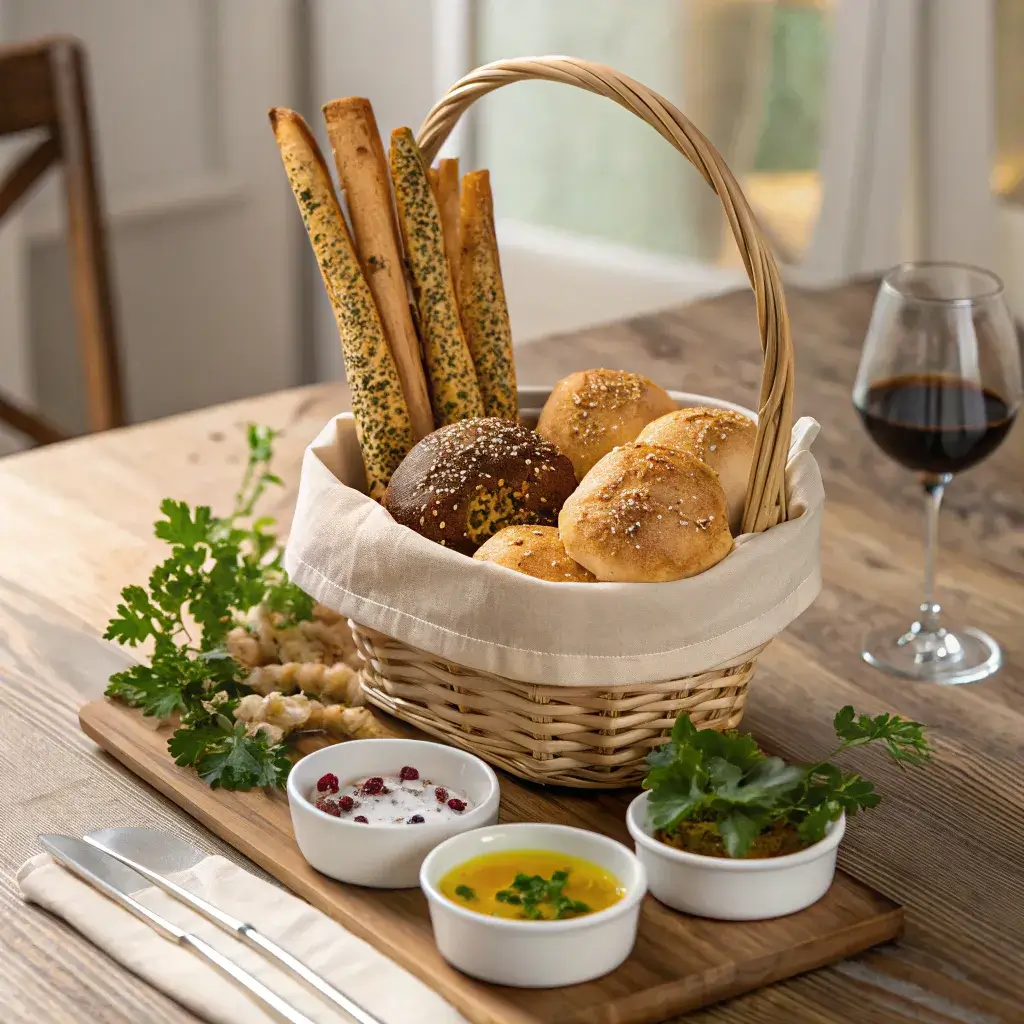 A bread basket styled with sourdough, rolls, and breadsticks on a rustic table for dinner.