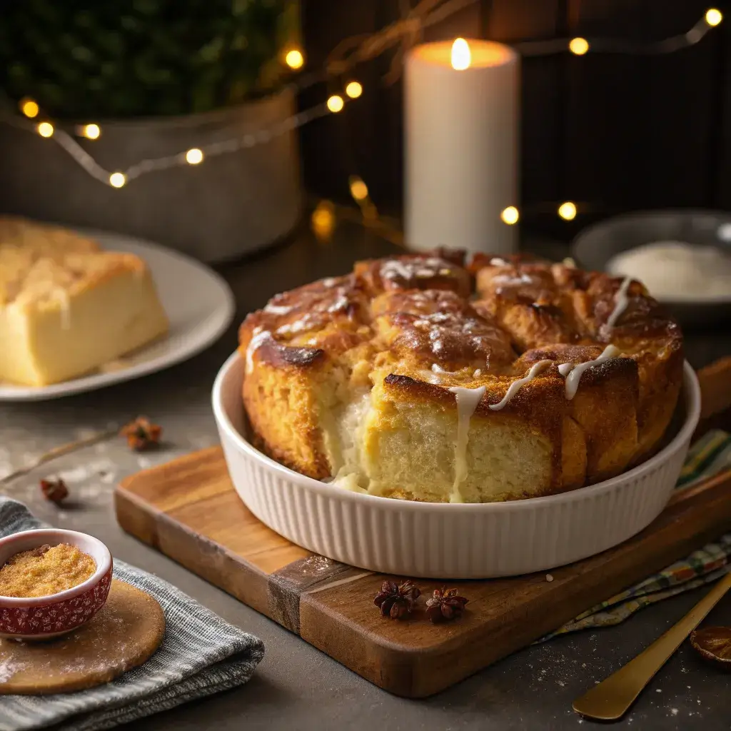 A close-up of a golden-brown bread casserole with a sweet buttery glaze, caramelized to perfection in a cozy home kitchen.