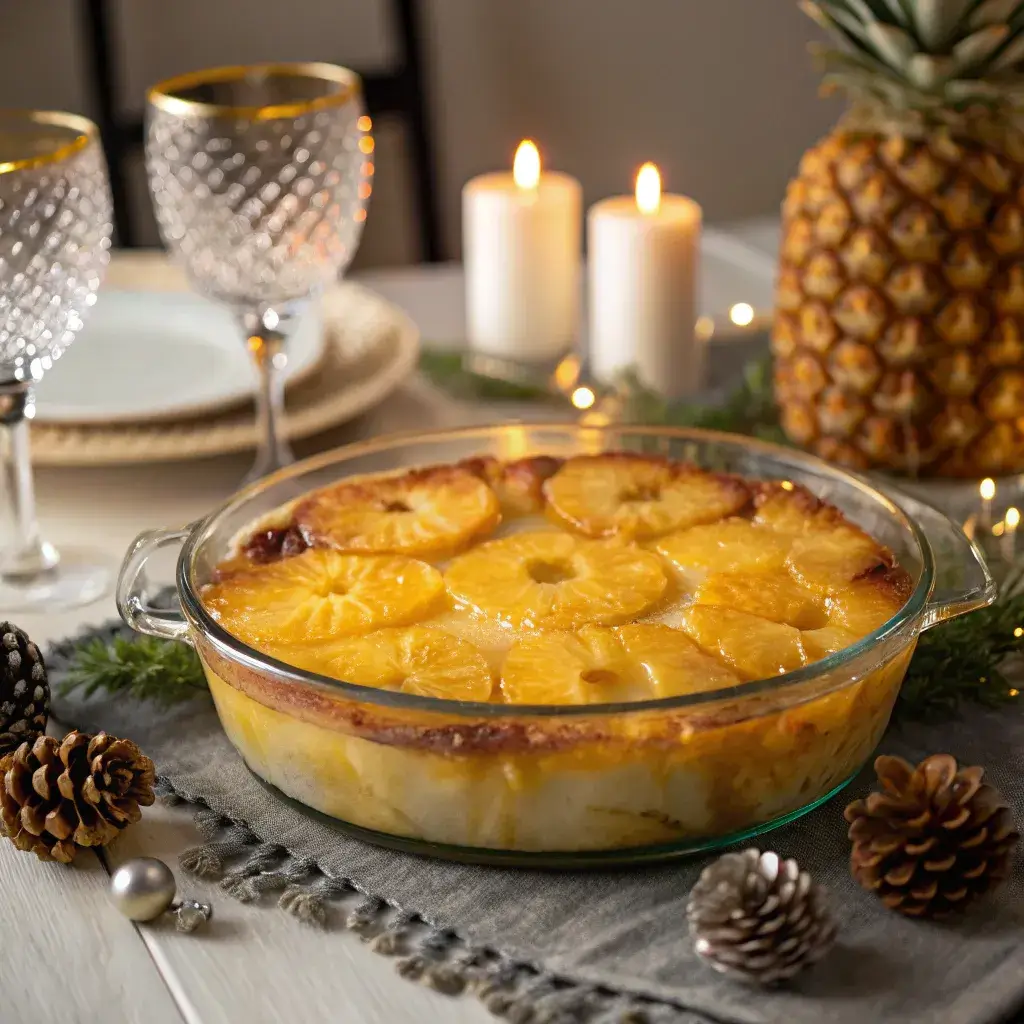 A glass dish of pineapple casserole as a festive table centerpiece, its golden topping shining under warm holiday lighting.