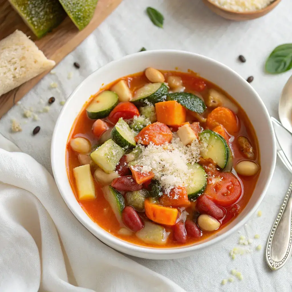 A bowl of colorful canned vegetable soup with zucchini, carrots, tomatoes, and beans, garnished with Parmesan cheese.