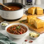 A slow cooker filled with hearty chili made of beans, ground beef, and tomatoes, served with cornbread.