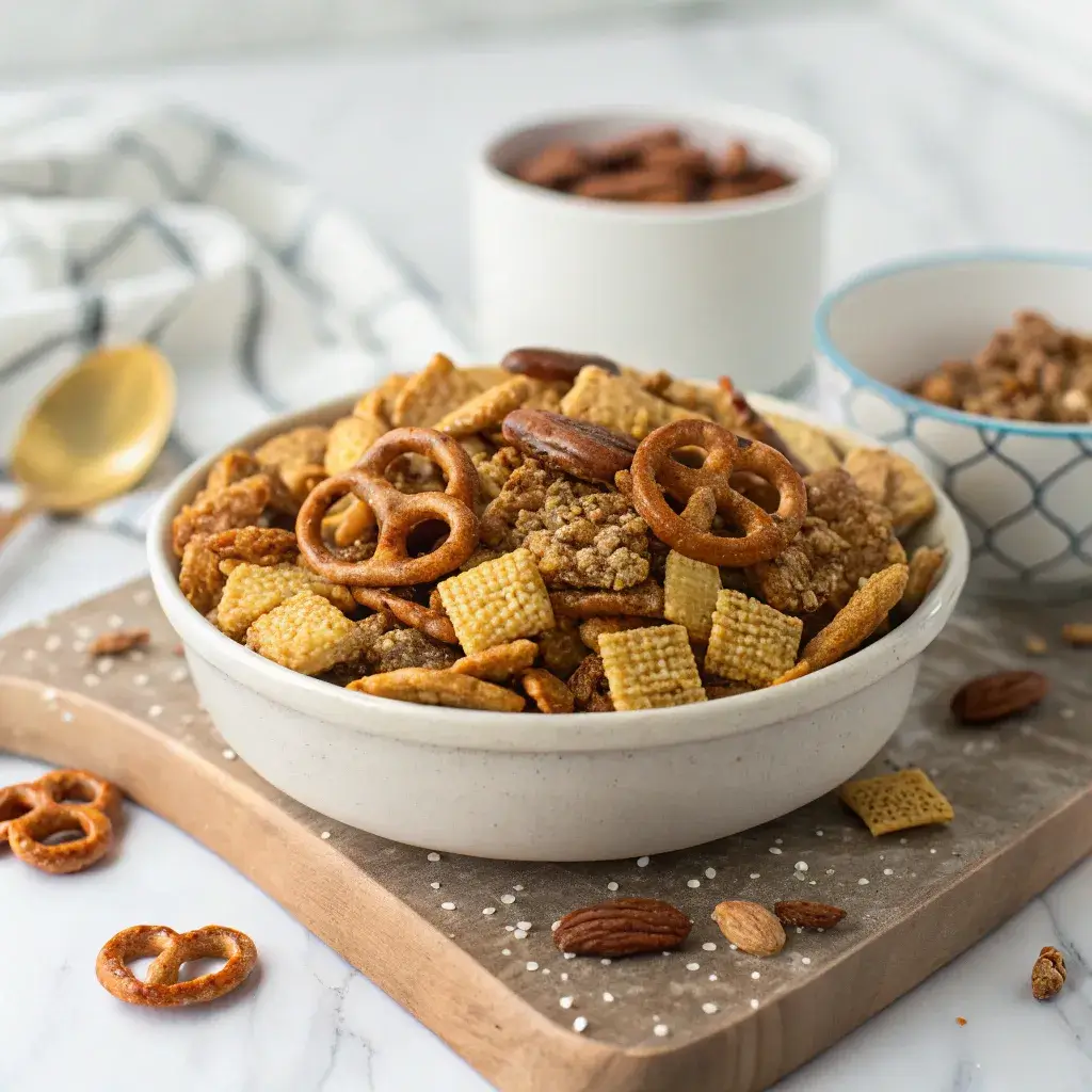 A platter filled with freshly baked Chex Mix, featuring pretzels, nuts, and cereal, garnished with seasoning.