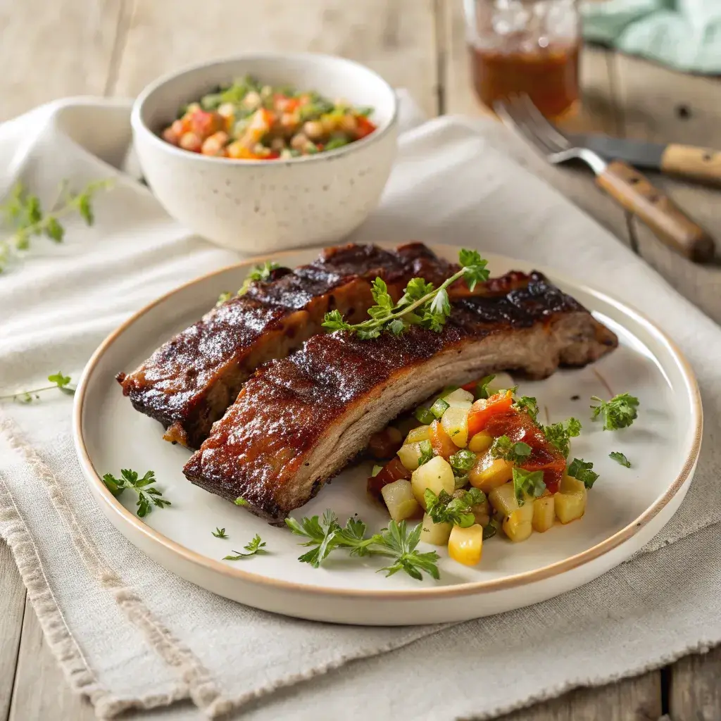 Barbecue ribs served with a vibrant side of chow chow relish, garnished with herbs on a rustic plate.