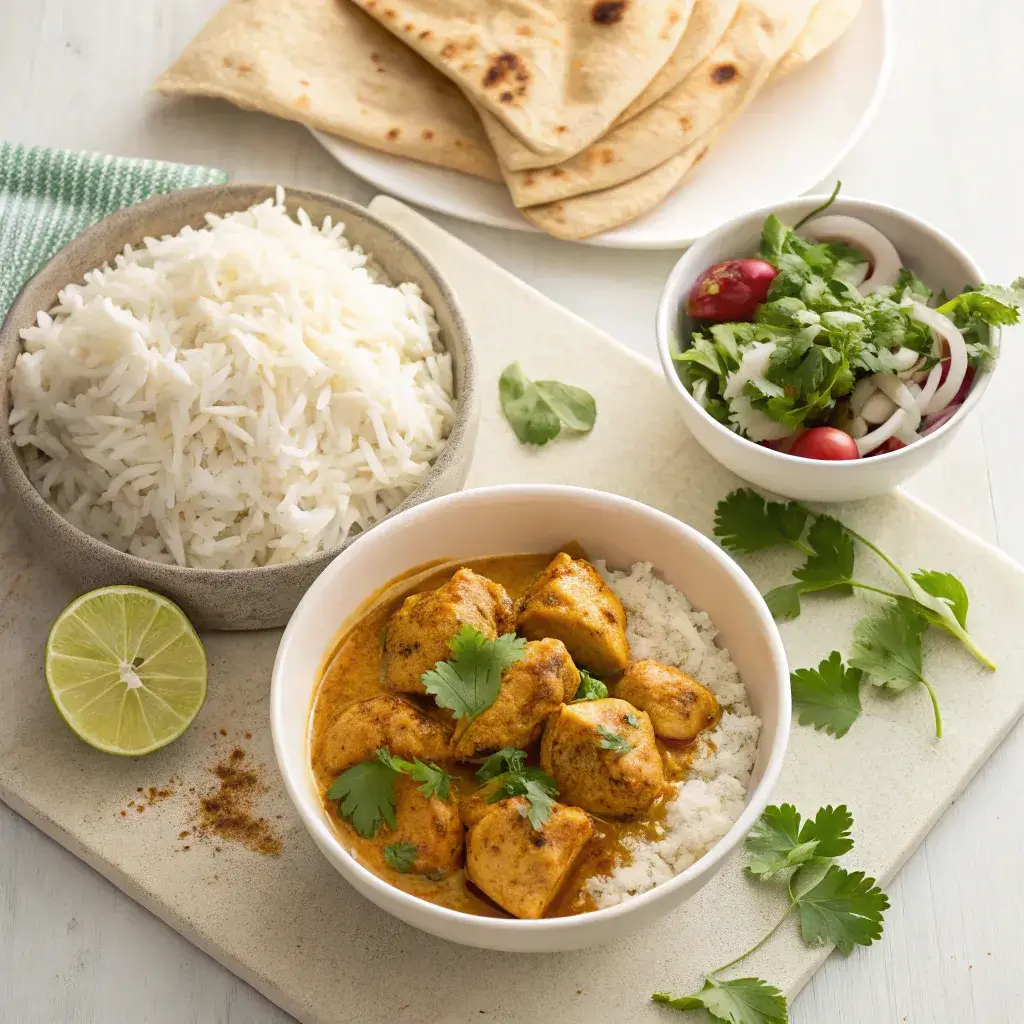 A delicious Churu Chicken Amarillo Recipe served on a white plate with jasmine rice, flatbread, and a side salad, elegantly garnished with cilantro.