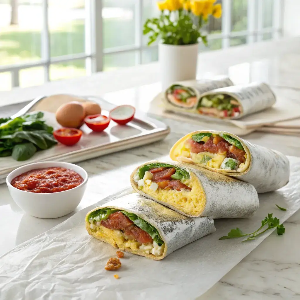 A row of foil-wrapped Costco breakfast burritos on a marble countertop, with one burrito unwrapped and sliced open.