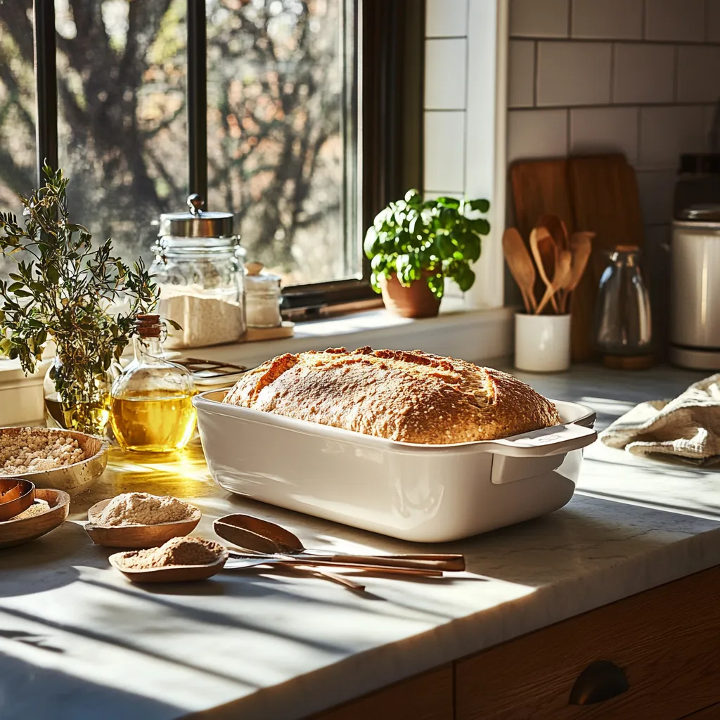 A side view of freshly baked bread cooling on a rack with steam rising, a Cuisinart bread maker in the background.