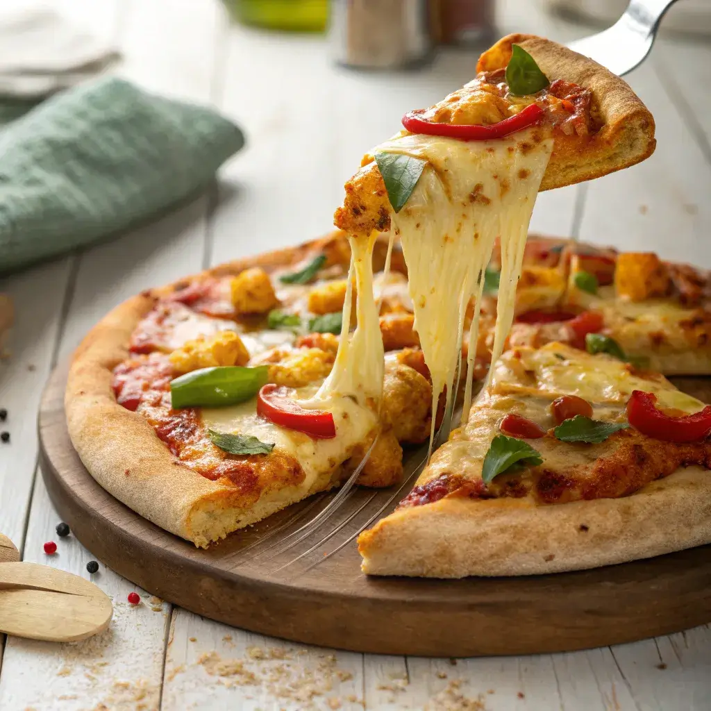 A slice of curry pizza being served with gooey cheese stretching, revealing the vibrant toppings of paneer and bell peppers.