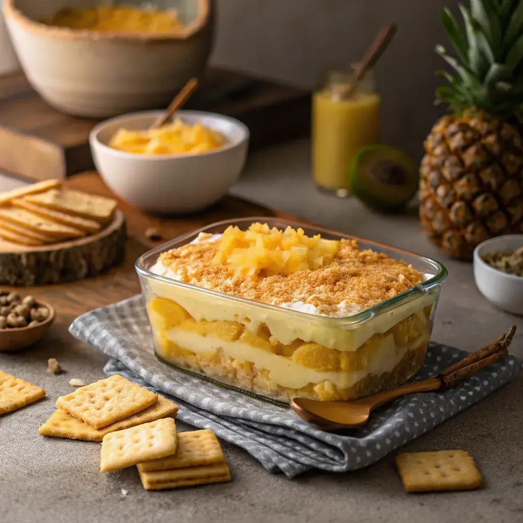 A gourmet dessert casserole with layers of pineapple, cheddar cheese, and buttery crackers, softly lit to showcase the golden texture.