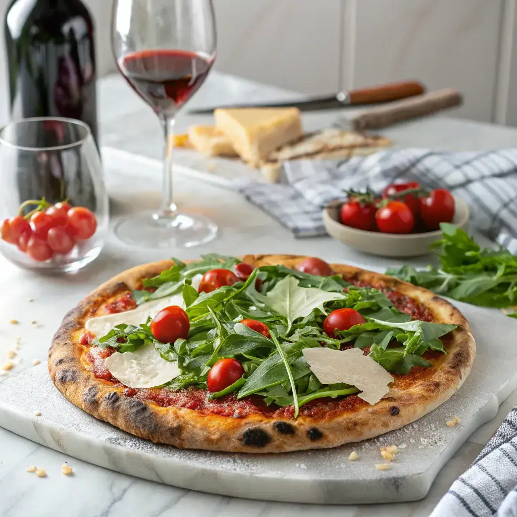 Wide shot of a thin crust pizza topped with arugula, cherry tomatoes, and parmesan shavings on a marble counter.