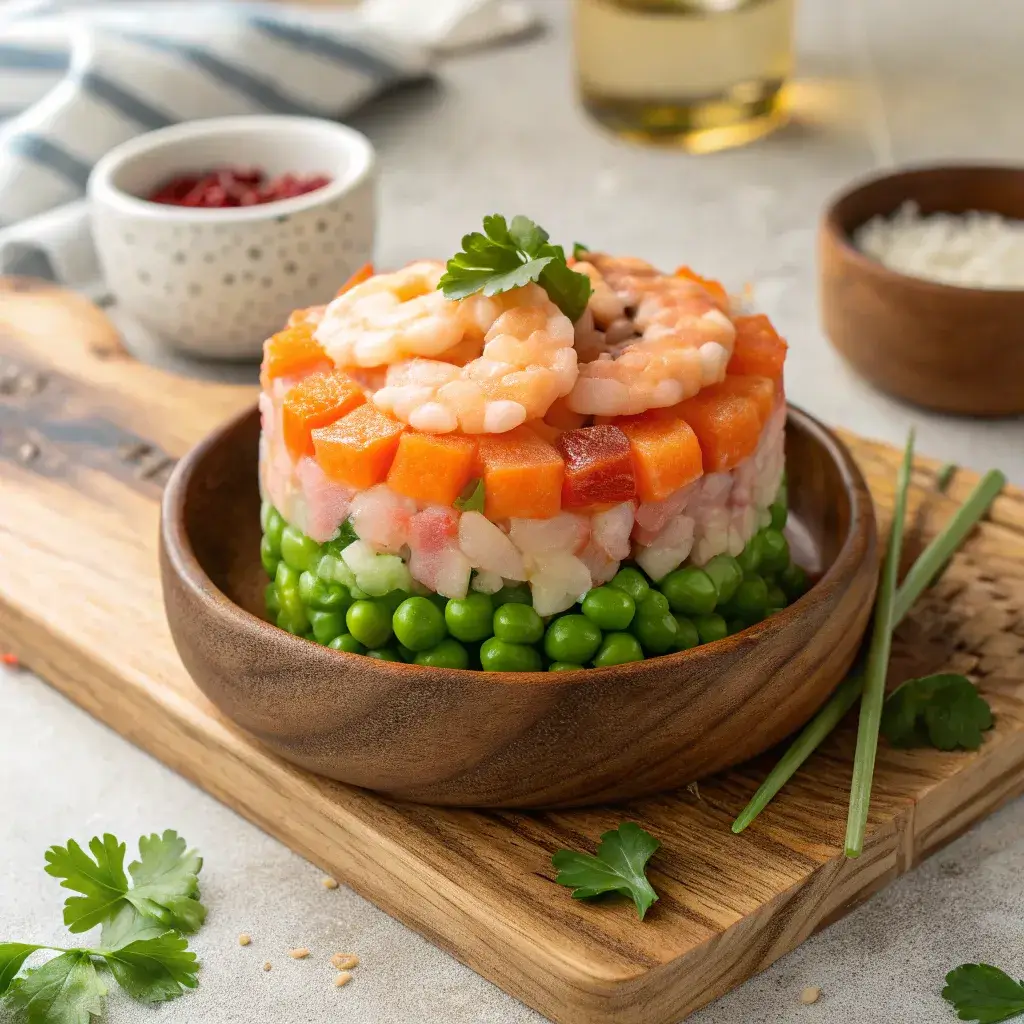 A rustic wooden bowl filled with gourmet fish food, featuring layers of shrimp, carrots, and peas bound with gelatin.