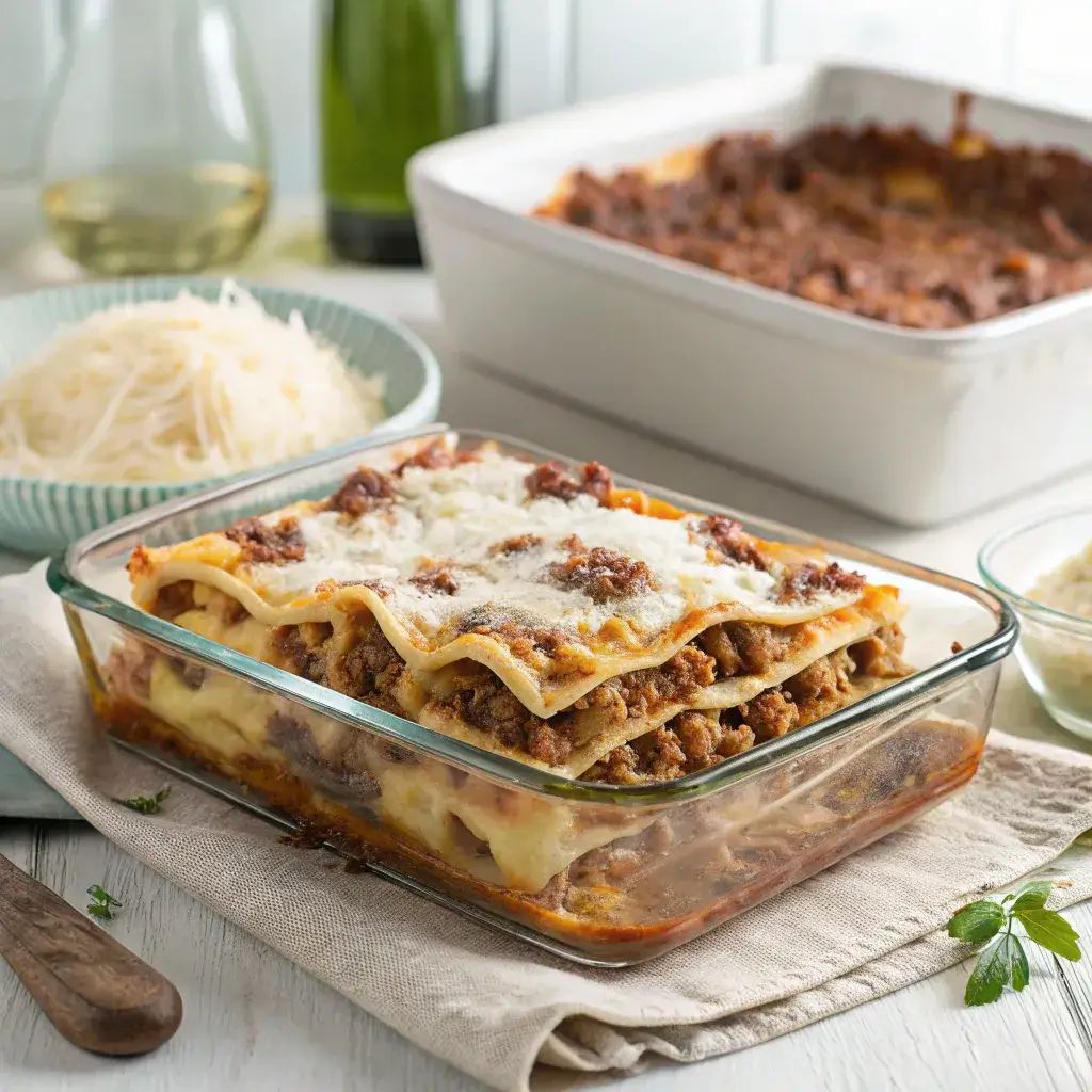 A close-up of a freezer-friendly beef lasagna with golden melted cheese, rich meat sauce, and layered pasta.