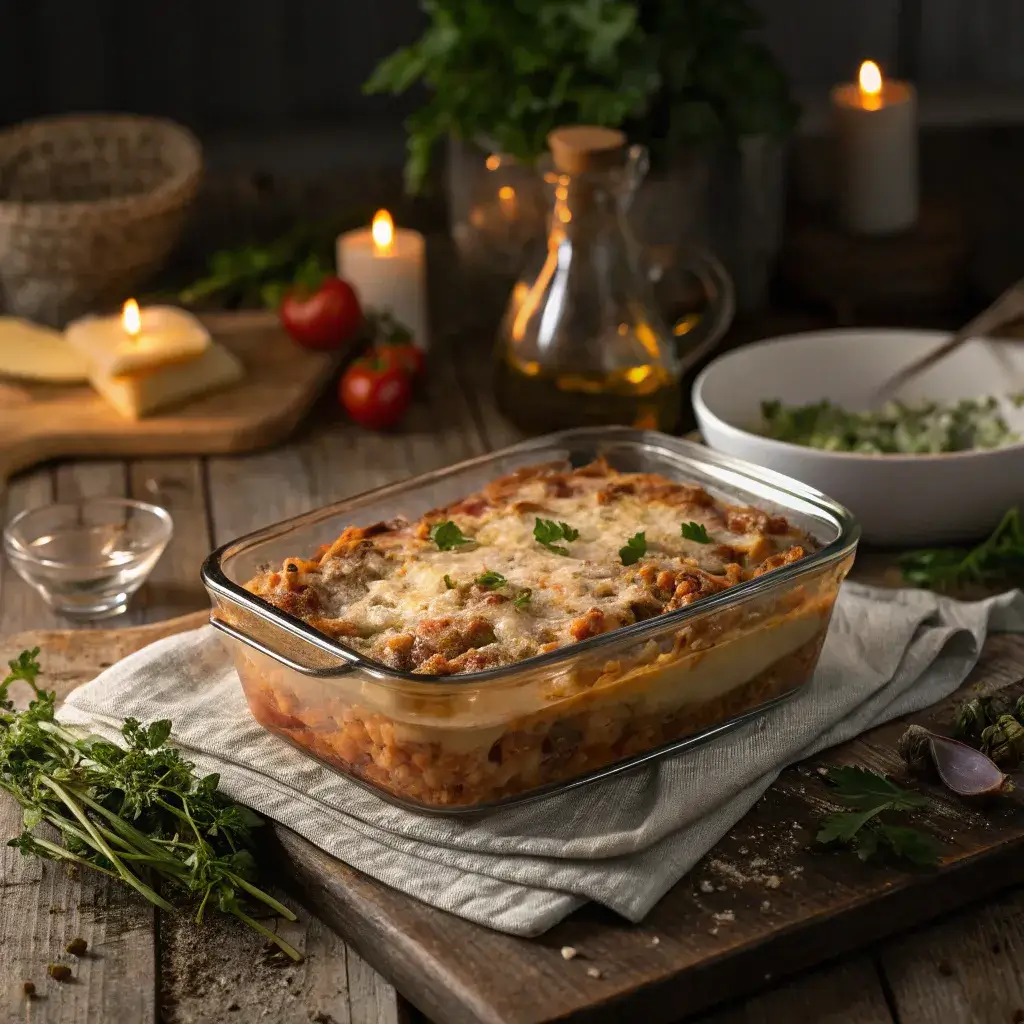 A bubbling ground turkey casserole in a glass dish, surrounded by herbs, grated cheese, and rustic table décor, glowing under warm candlelight.