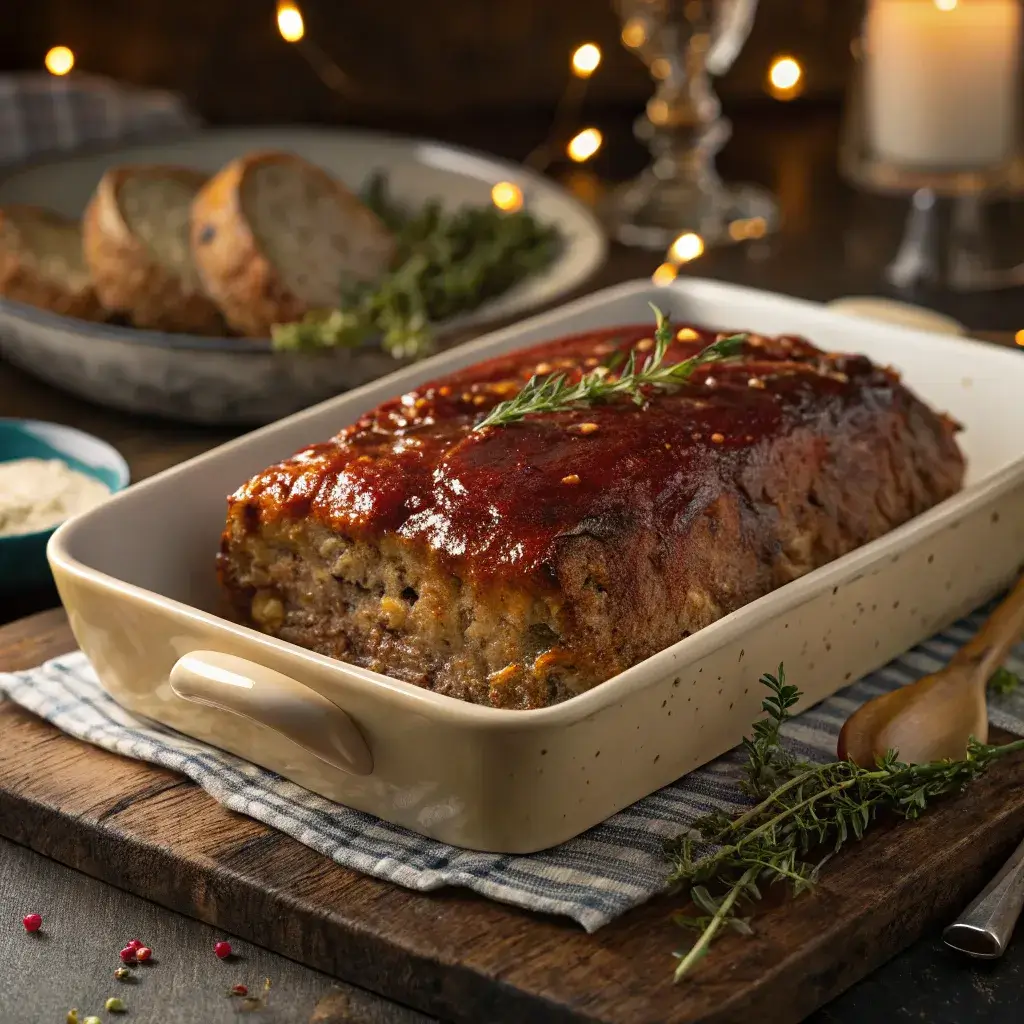 A freshly baked meatloaf in a dish, topped with a glossy, caramelized sauce, golden edges gleaming under warm light.