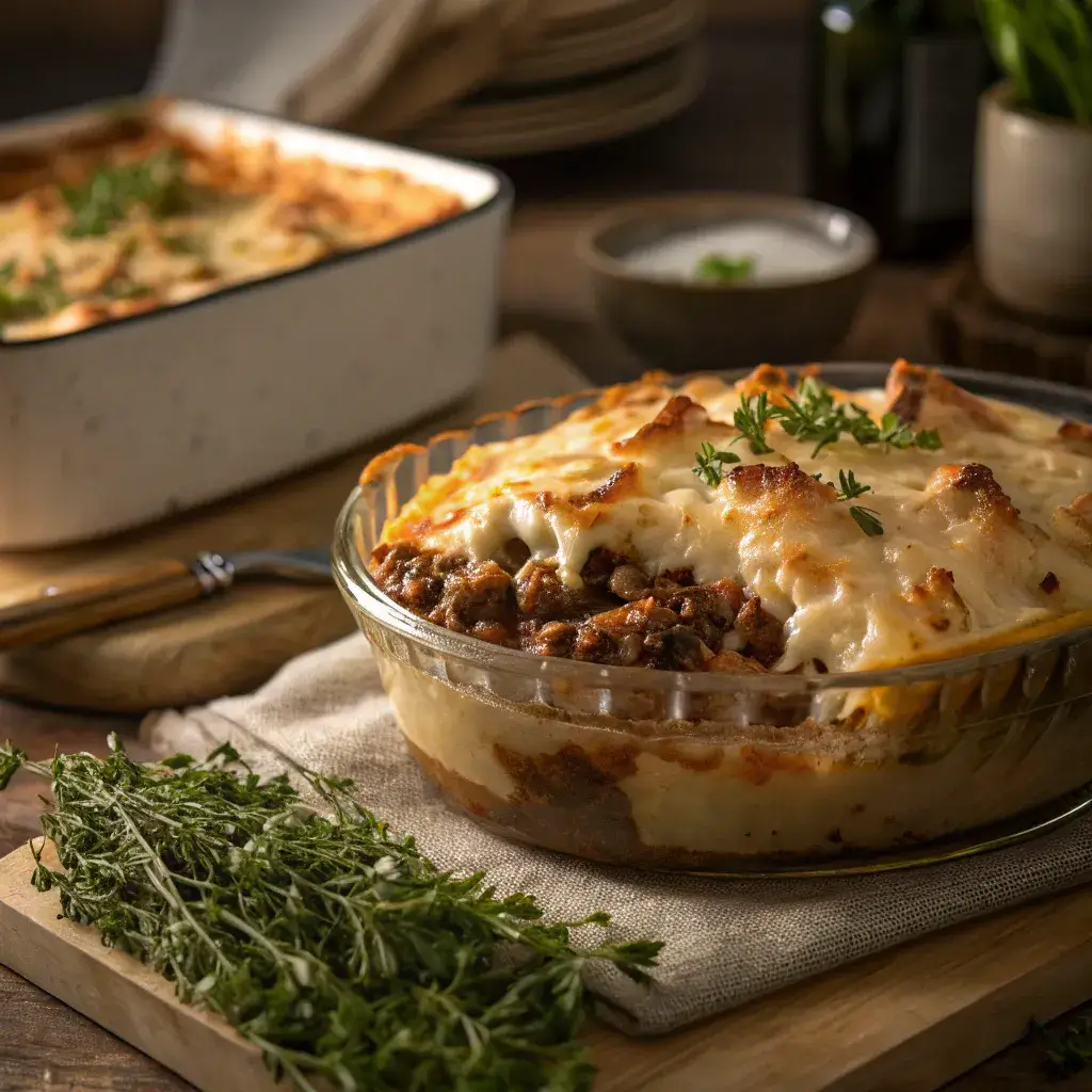 A casserole dish filled with nature’s recipe beef, creamy sauce, and layers of cheese, topped with a golden crust, set in a cozy kitchen.