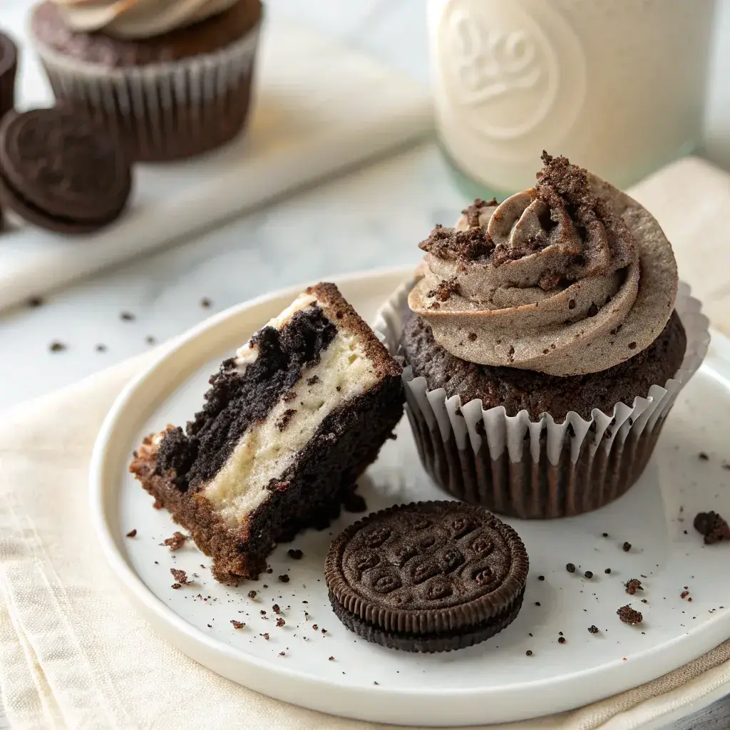 A close-up of an Oreo cupcake cut in half, showing a moist interior and creamy frosting, with an Oreo cookie beside it. Soft lighting enhances the texture.