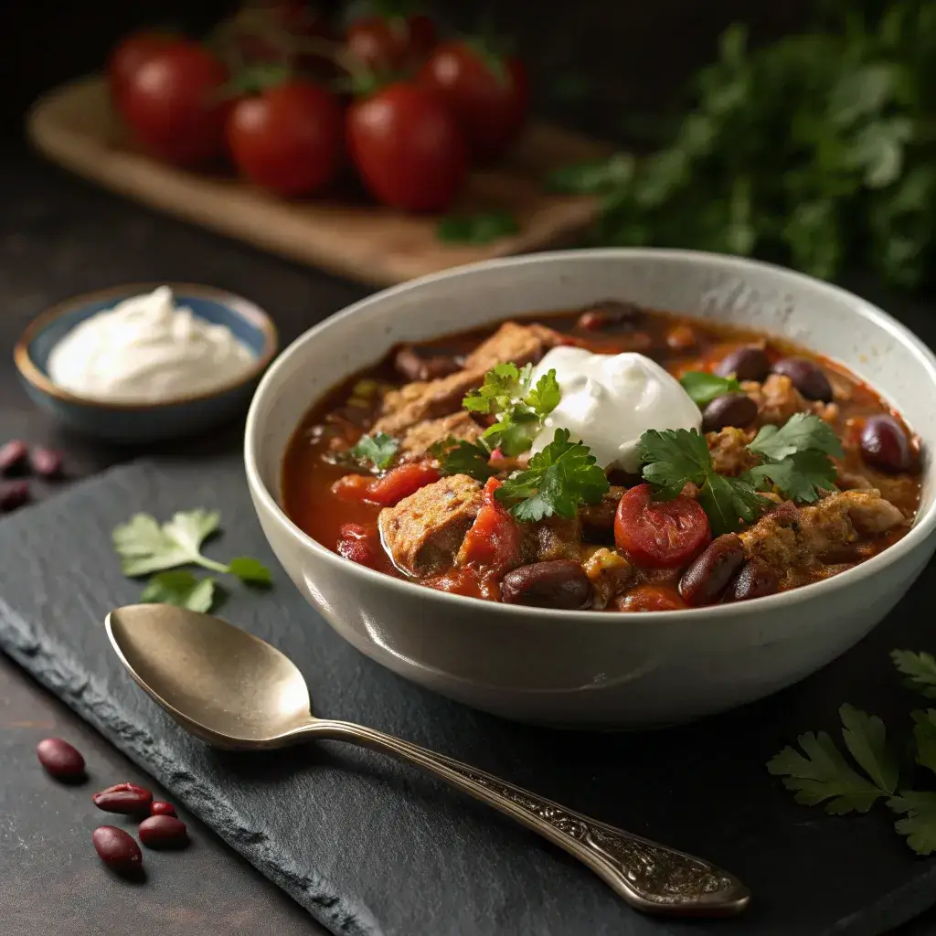 A bowl of hearty Turkey Chili topped with fresh cilantro and sour cream, set on a dark slate table.