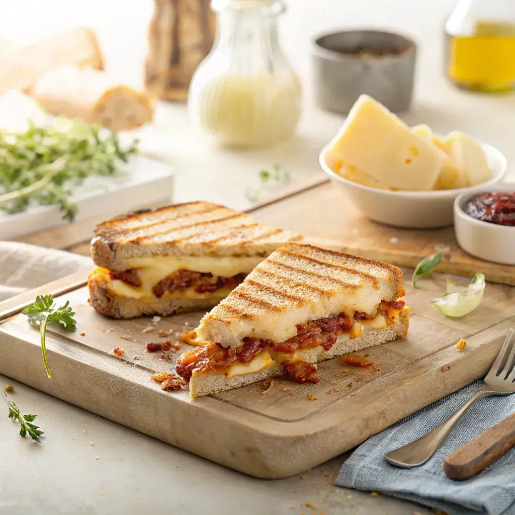 A delectable panini with a crispy exterior and warm interior, placed on a cutting board with a cozy kitchen in the background.