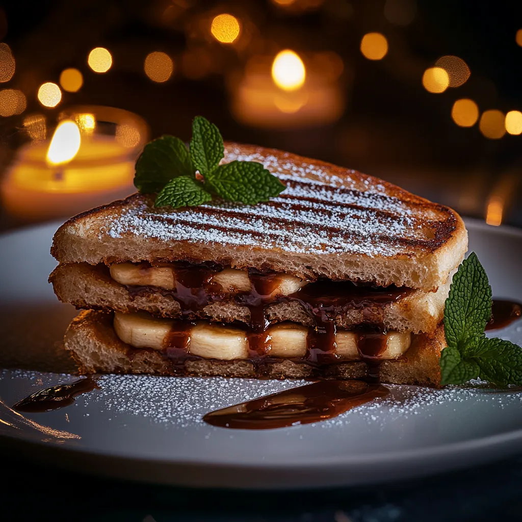 Close-up of a golden brioche panini filled with Nutella and caramelized banana slices, dusted with powdered sugar.