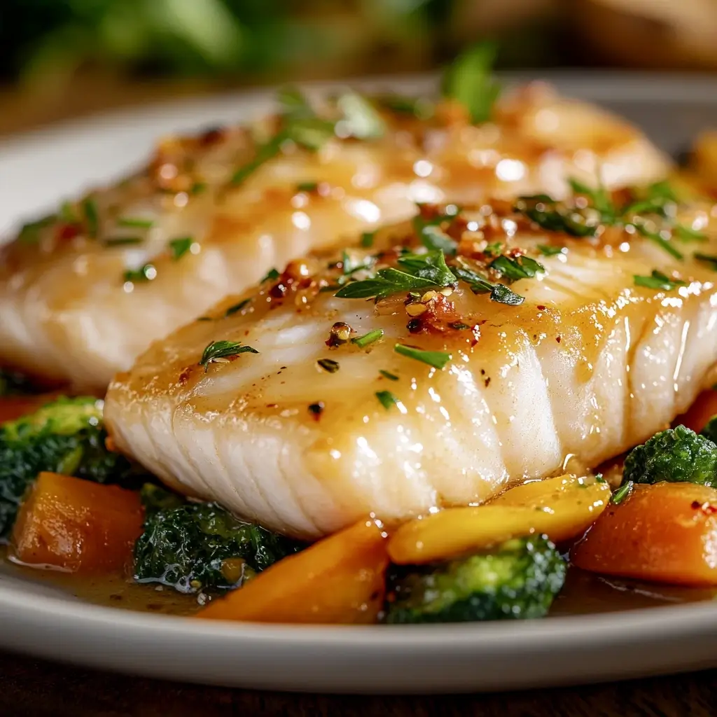 A gourmet shot of rockfish fillets glazed with garlic butter, served alongside steamed vegetables and garnished with fresh herbs, placed elegantly on a fine dining plate.