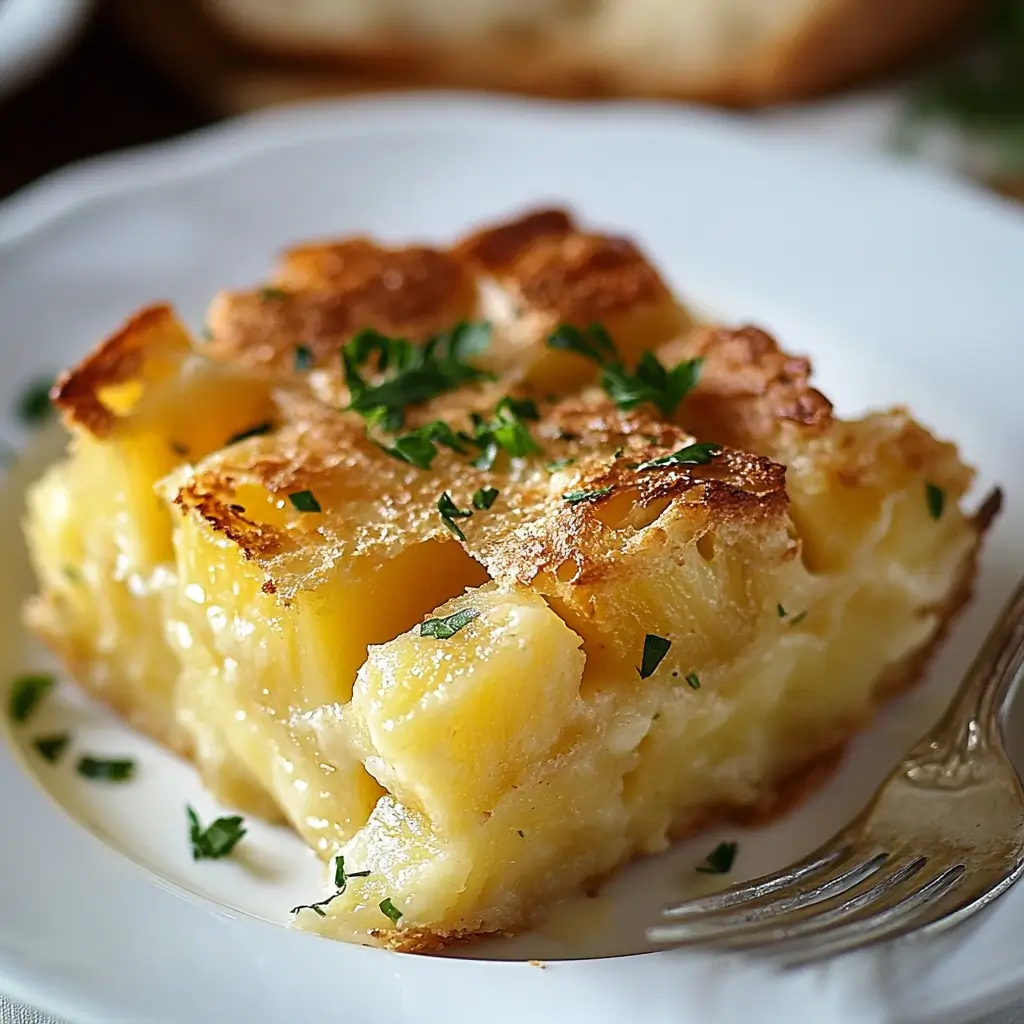 A close-up of someone serving a spoonful of pineapple casserole with bread from a glass dish, showing the layers of pineapple, bread, and melted cheese.