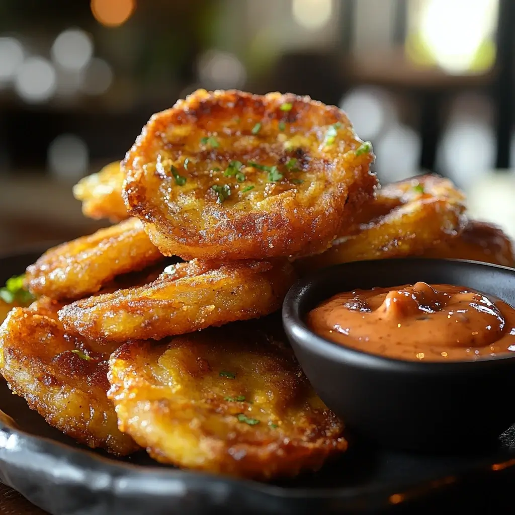 Crispy tostones, Puerto Rican twice-fried plantains, served with a side of dipping sauce, arranged on a plate with a cozy kitchen background.