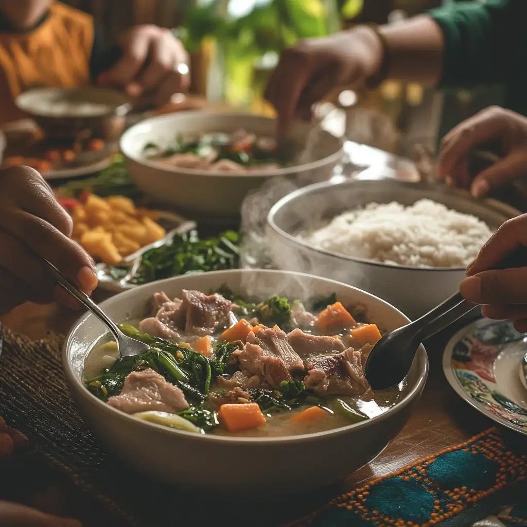 A family-style table setting featuring a pot of sinigang, rice bowls, and dipping sauces ready for a shared meal.