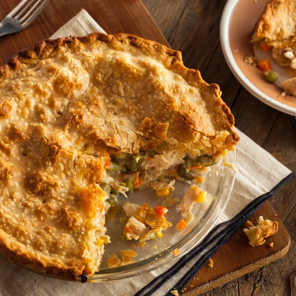 A slice of Pillsbury chicken pot pie on a white plate with flaky crust and creamy filling.