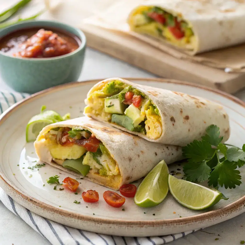 A red's breakfast burrito cut in half showing layers of avocado, eggs, veggies, and cheese, served with salsa and lime.