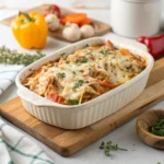 Freshly baked chicken and veggie casserole with shredded rotisserie chicken, roasted vegetables, melted cheese, and herbs in a ceramic dish.