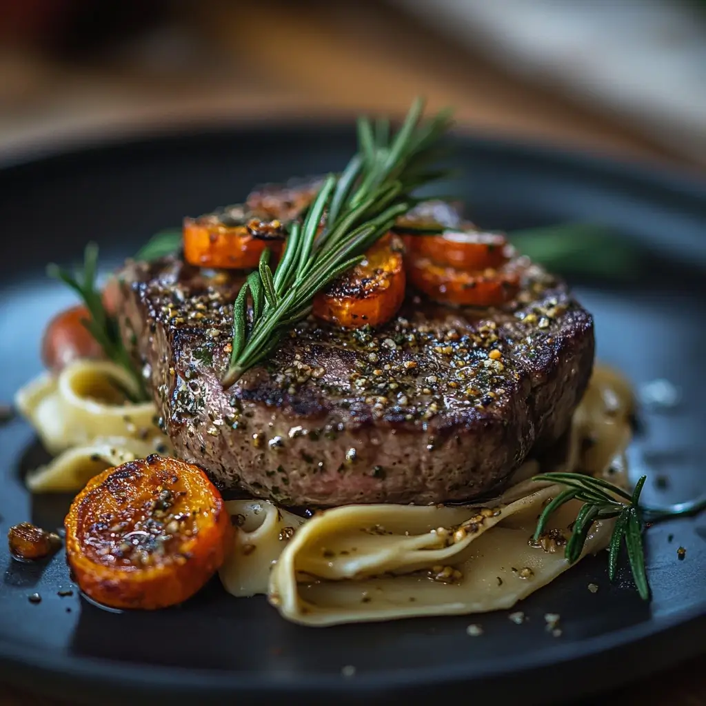 Herb-crusted steak served on pasta with roasted vegetables, plated on a rustic wooden table.