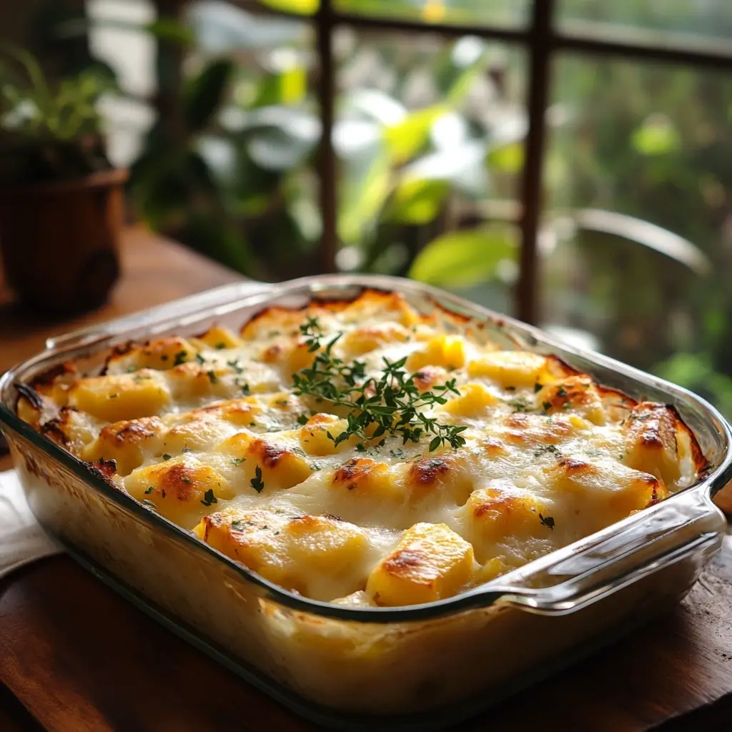 A steaming hot pineapple cheese casserole in a glass dish on a wooden table, with fresh herbs and natural light highlighting its texture.