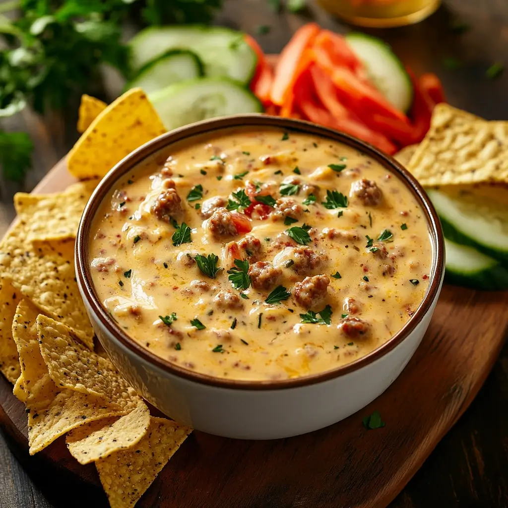 A bowl of creamy Velveeta cheese dip with sausage, surrounded by tortilla chips and fresh vegetables.