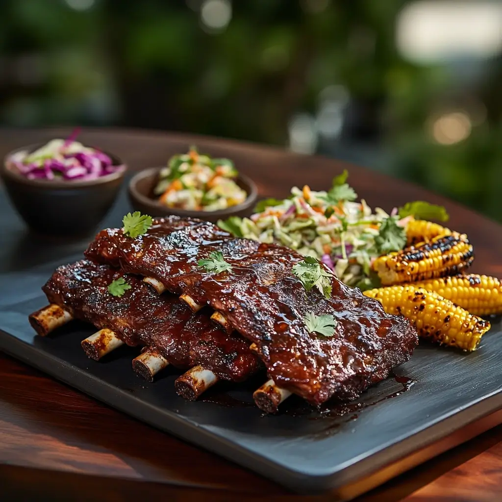 Family-style serving of beef back ribs in a cast iron skillet with roasted vegetables and fresh bread.