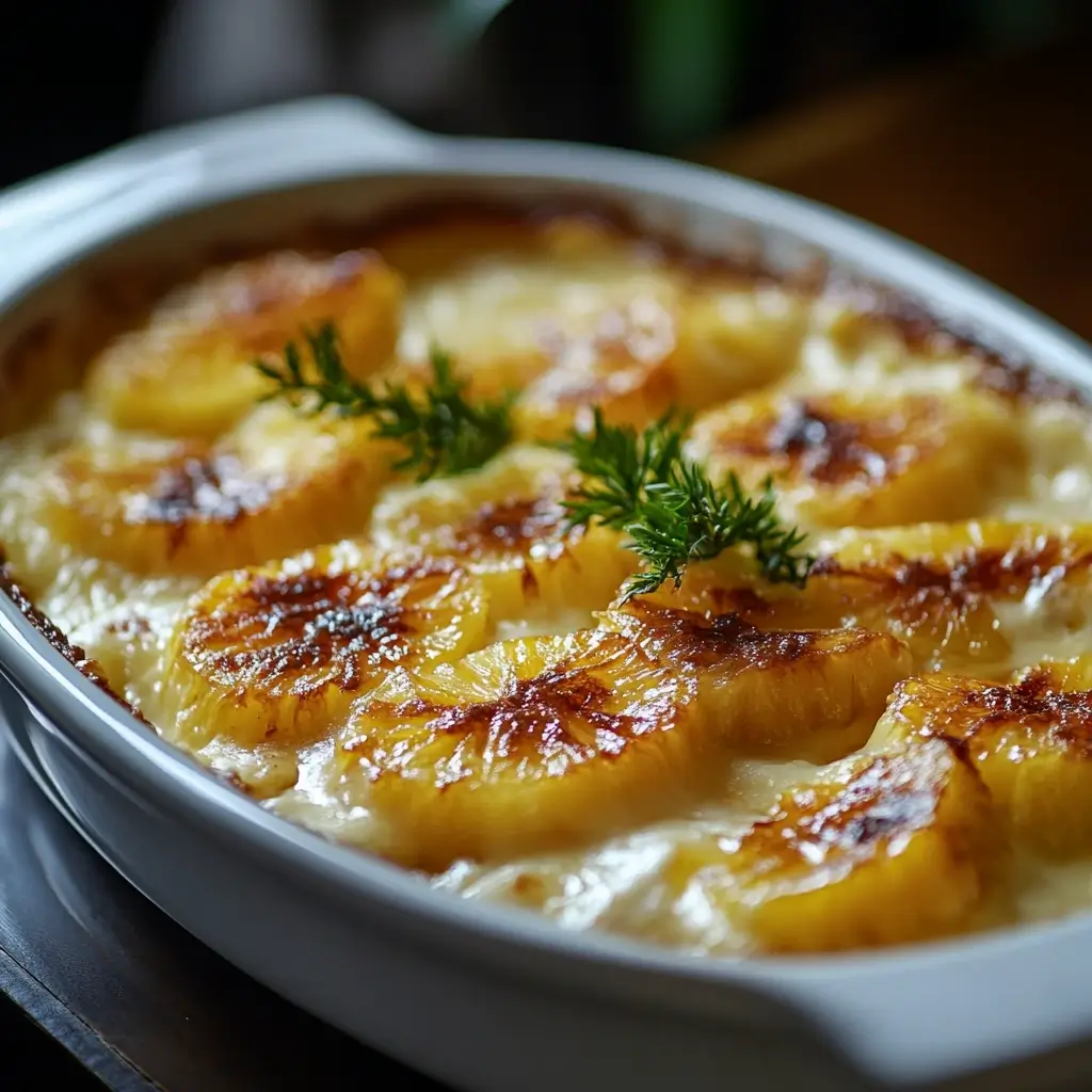 A golden-brown Pineapple Casserole in a glass dish, topped with crisp crackers and garnished with fresh parsley for a pop of color.