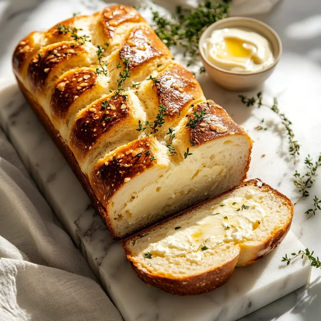 A sliced loaf of moist cottage cheese bread on a marble board, with melted butter and fresh herbs for garnish.