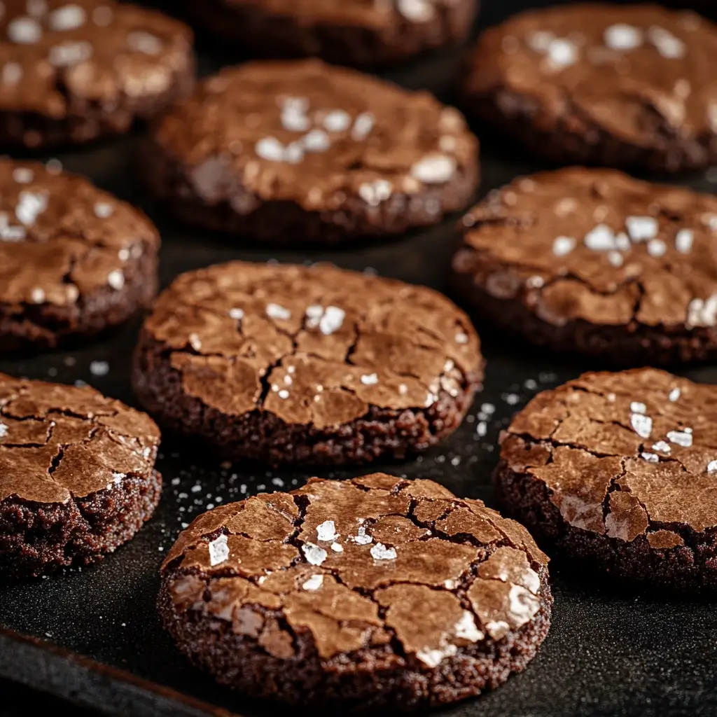 A close-up shot of fudgy brownie cookies with a crackled surface, soft centers, and sprinkled with flaky sea salt, served on an elegant dessert plate.