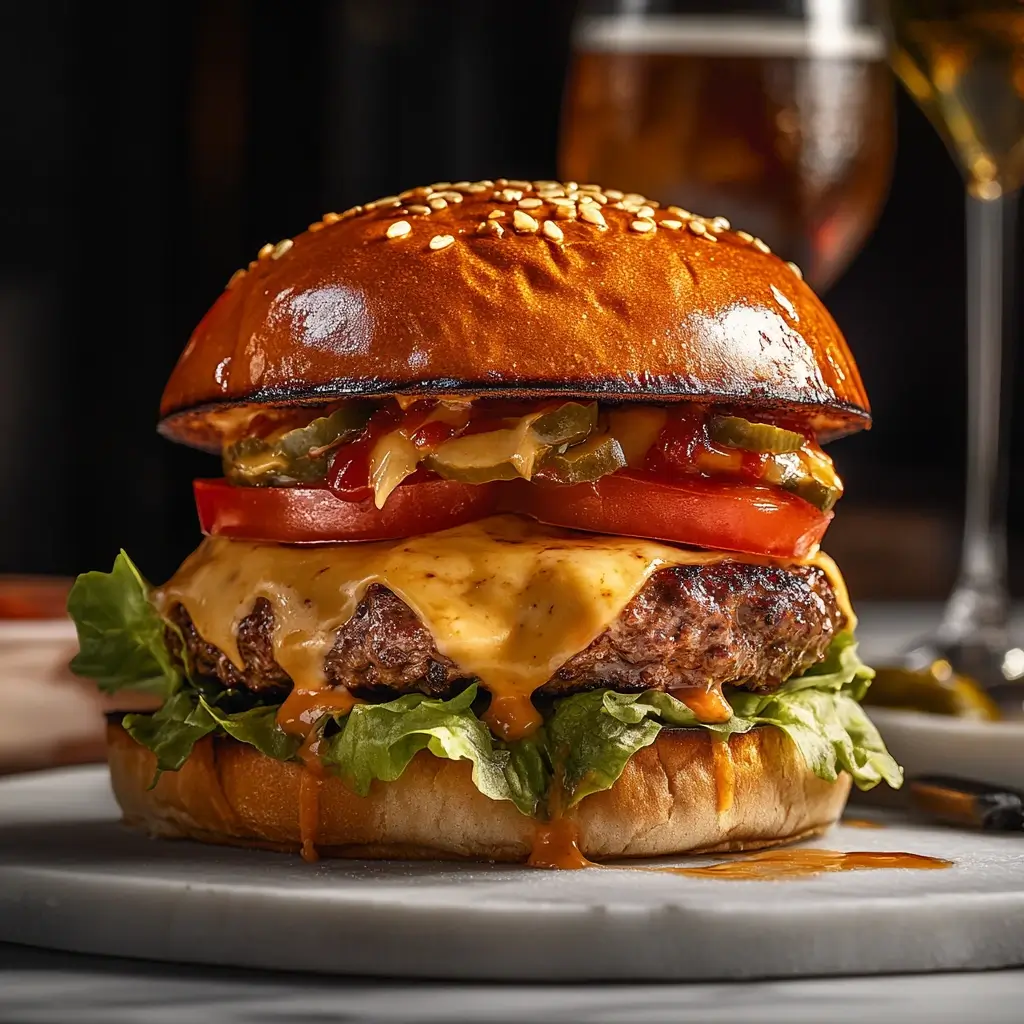 A beautifully styled Bob’s Burgers-inspired burger, stacked high with fresh toppings and served on a rustic wooden table.